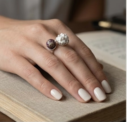 Anillo Ajustable de Diseño Orgánico, Sortija de Cerámica Artesanal y Jaspe Natural, Joyería Escultórica en Plata, Regalo de Arte para Llevar, Estilo Contemporáneo Único.