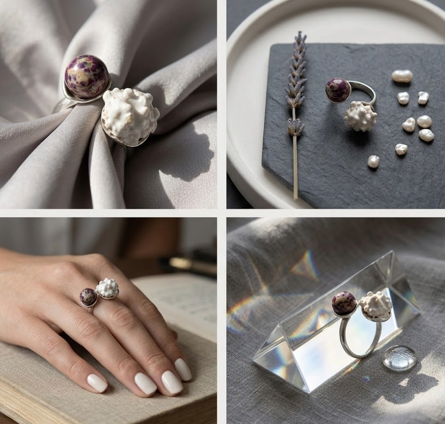 Anillo Ajustable de Diseño Orgánico, Sortija de Cerámica Artesanal y Jaspe Natural, Joyería Escultórica en Plata, Regalo de Arte para Llevar, Estilo Contemporáneo Único.